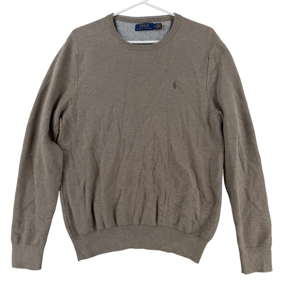 Polo Ralph Lauren Sweater Mens Large Beige Cotton Crewneck Knit Pullover Logo